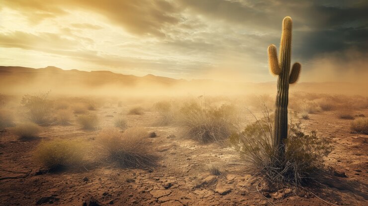 Desert landscape with cacti and sandstorm