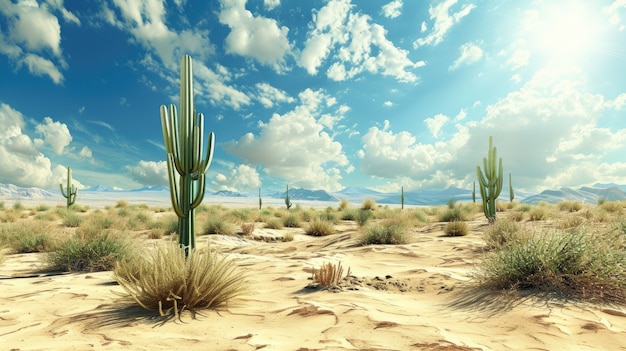 Пустынный ландшафт с видами кактусов и растениями