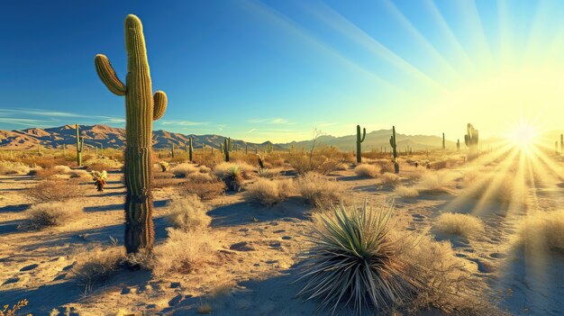 Desert landscape with cacti species and plant