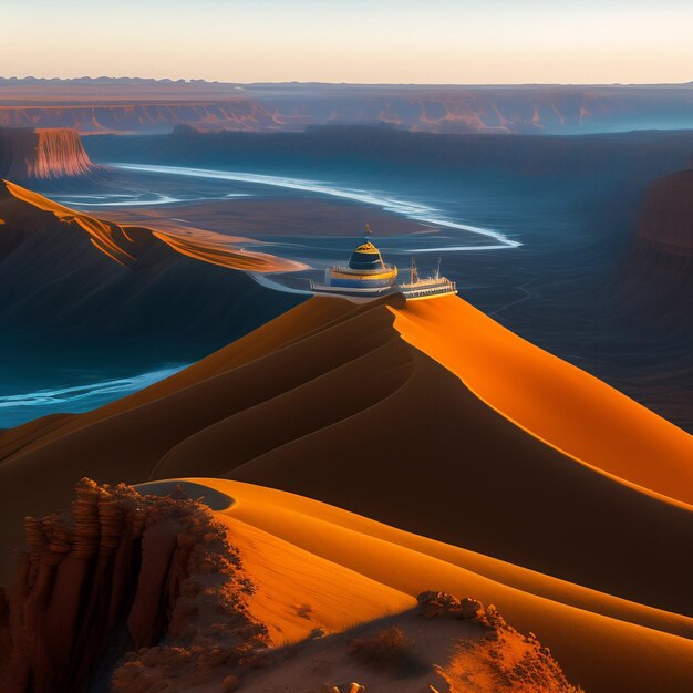 A desert landscape with a sand dune and a river in the distance.