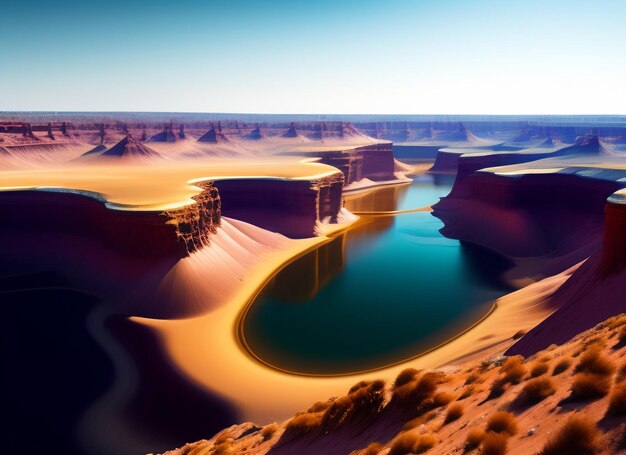 A desert scene with a lake in the middle of it