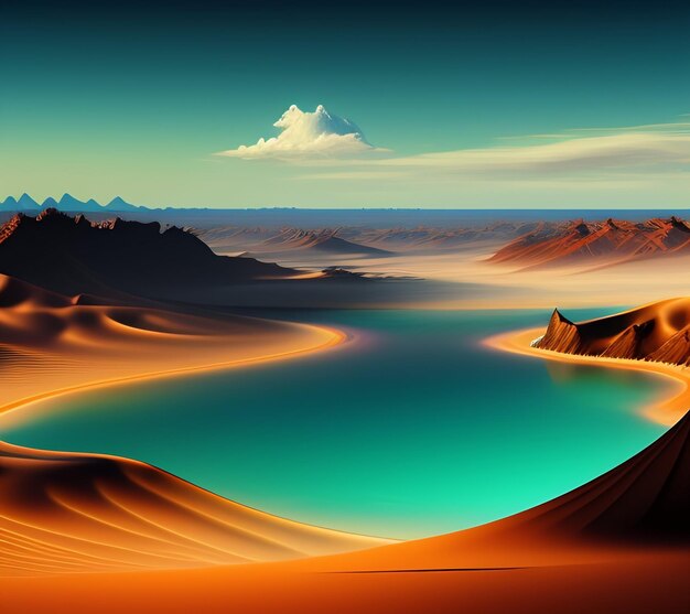 A desert scene with a mountain in the background and a blue sky with clouds.