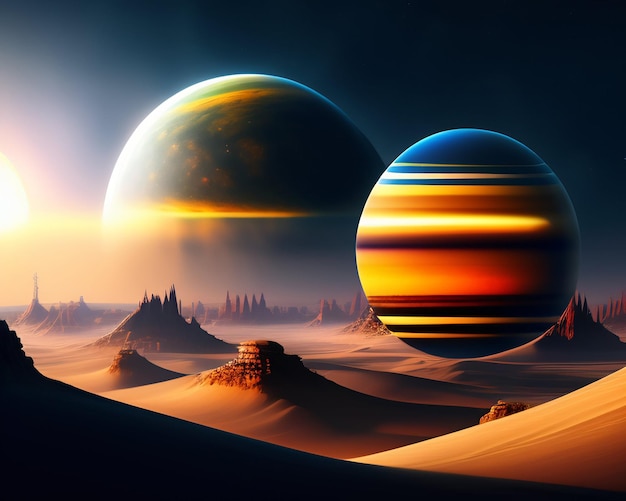 A desert scene with two planets and a desert landscape.