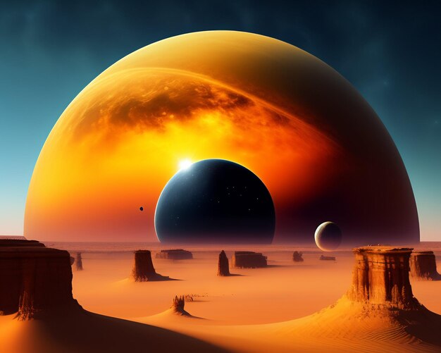 Сцена в пустыне с двумя планетами и закатом.
