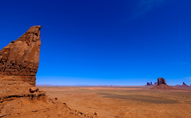 Desert with cliffs and dry filed with clear blue sky