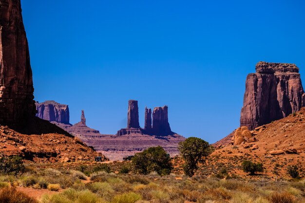 Desert with dried bushes and trees with big rocks on hills in the distance on a sunny day