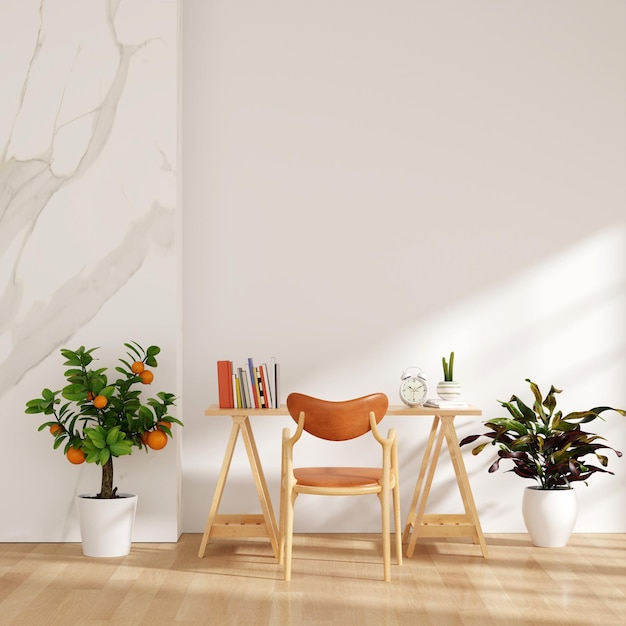 Desk and armchair in white living room with copy space