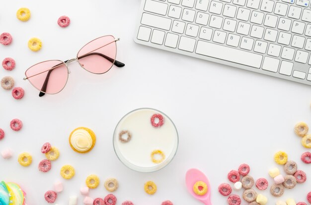 Desk arrangement of fruit loops cereal