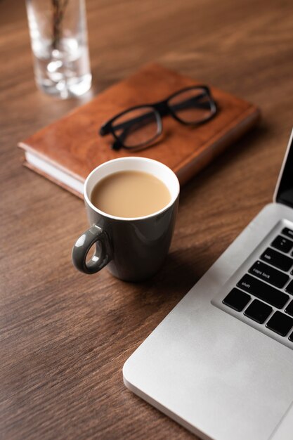 Desk arrangement with coffee high angle