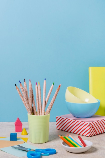 Desk arrangement with colorful pencils