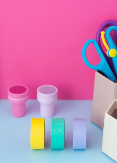 Desk arrangement with colorful tape