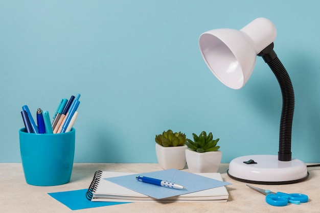 Desk arrangement with lamp and plants