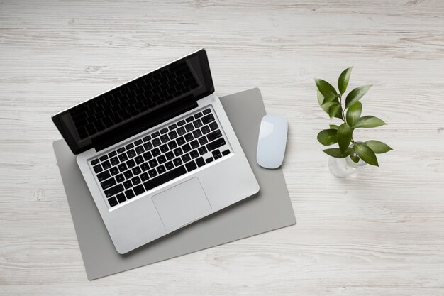 Desk arrangement with laptop top view