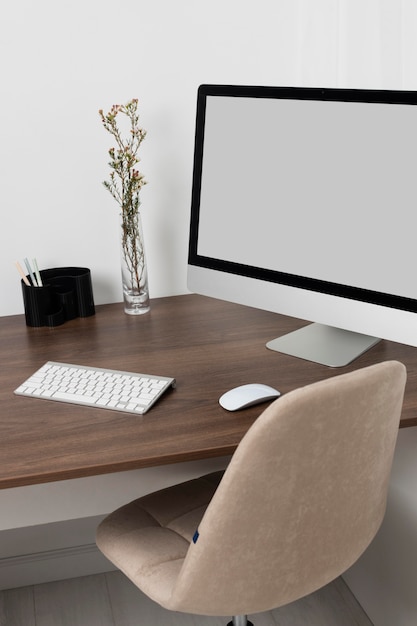 Desk arrangement with monitor high angle