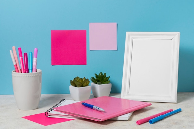 Desk arrangement with pink items