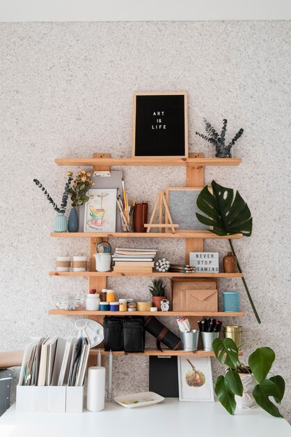 Free photo desk arrangement with shelves