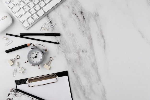 Desk items assortment flat lay