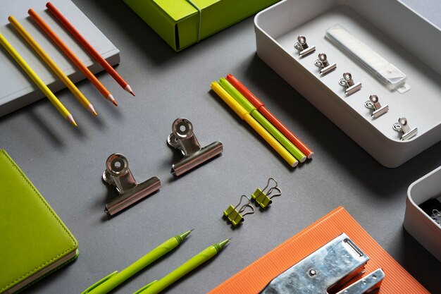 desk supplies composition still life high angle