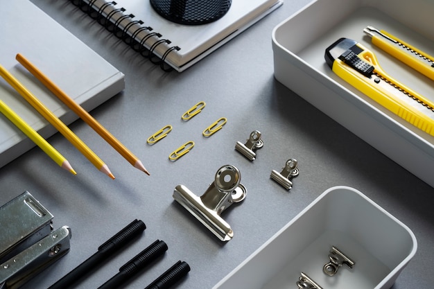 Desk supplies composition still life