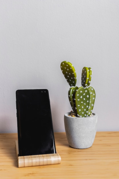 Стол с черным смартфоном и кактусом