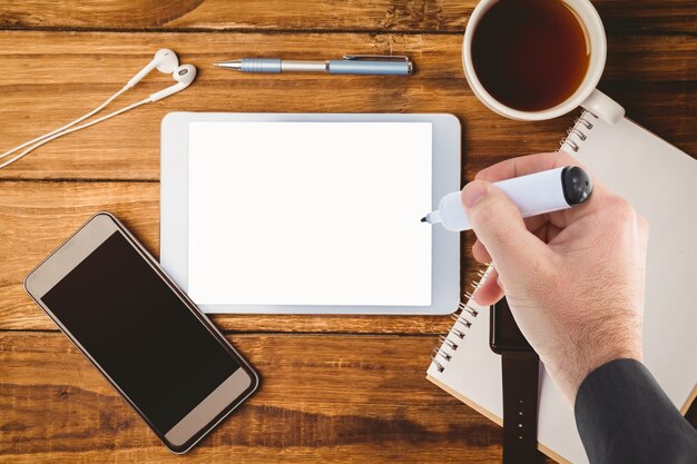 Desk with tablet and mobile