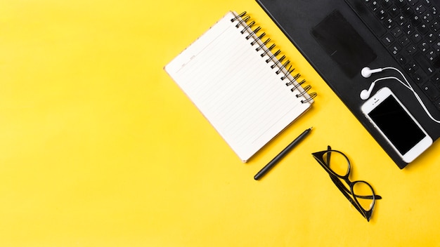 Desk workspace with various elements