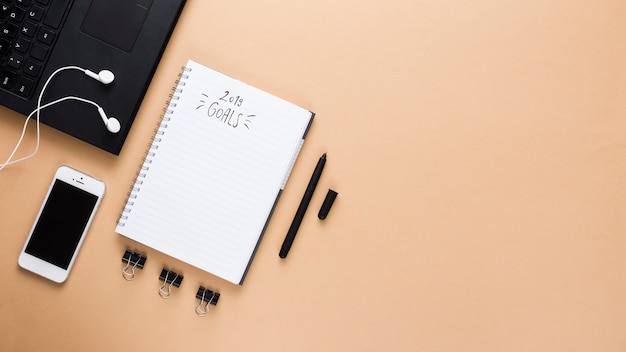 Desk workspace with various elements