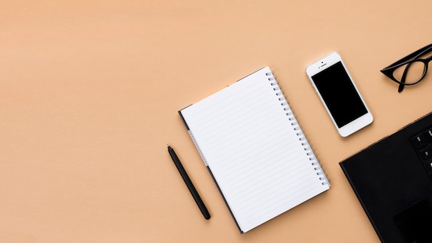 Desk workspace with various elements