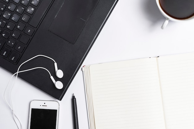 Desk workspace with various elements