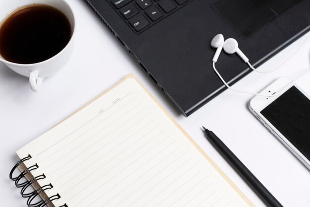 Desk workspace with various elements