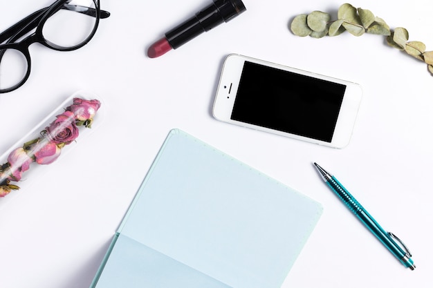 Desk workspace with various elements