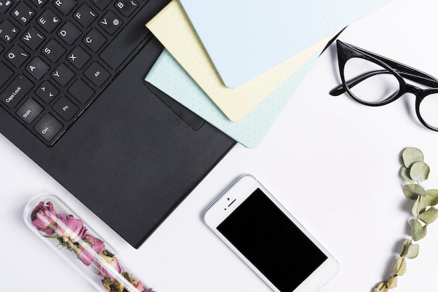 Desk workspace with various elements