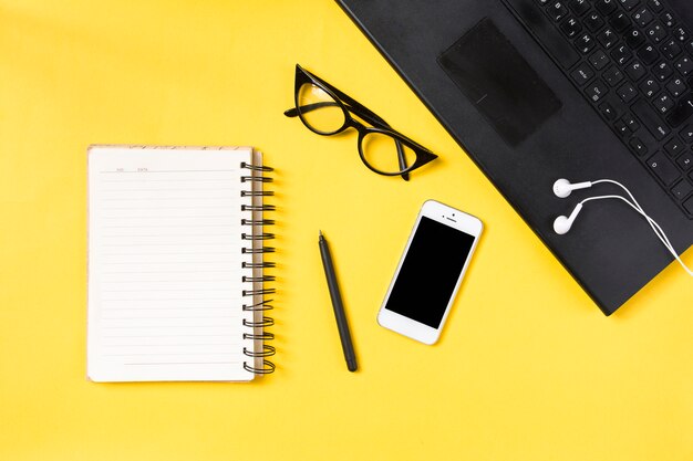 Desk workspace with various elements