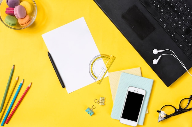 Desk workspace with various elements