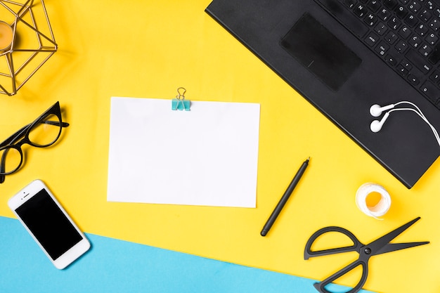 Desk workspace with various elements