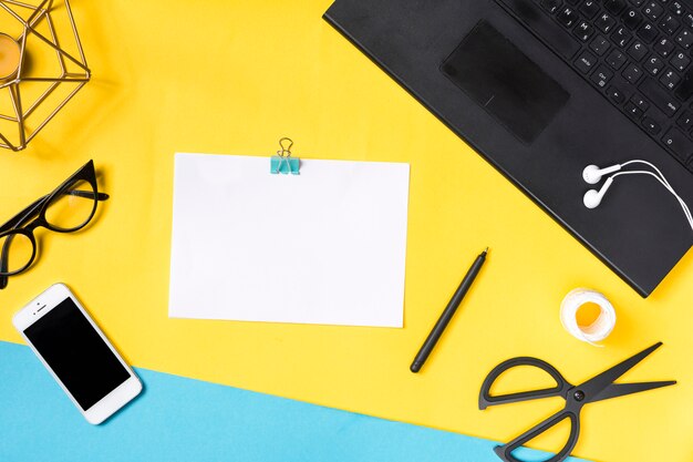 Desk workspace with various elements