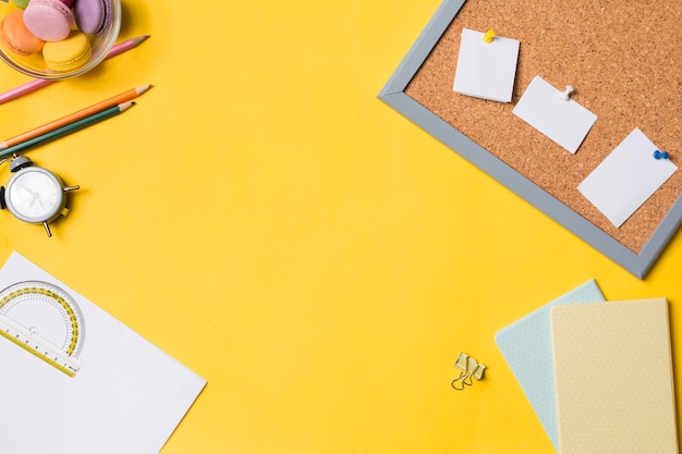 Desk workspace with various elements