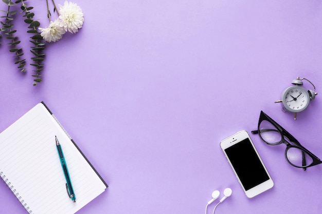 Desk workspace with various elements