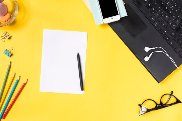 Desk workspace with various elements