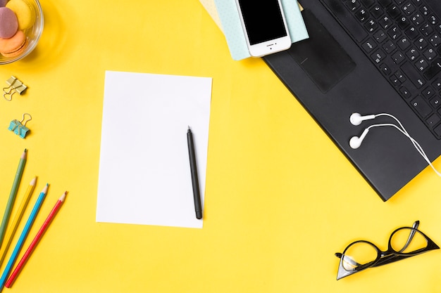 Desk workspace with various elements