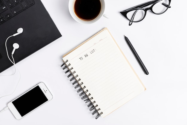 Desk workspace with various elements