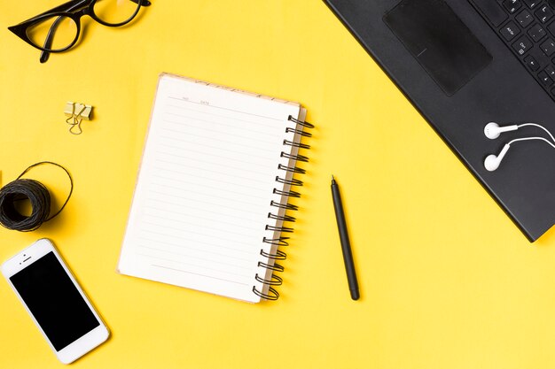 Desk workspace with various elements