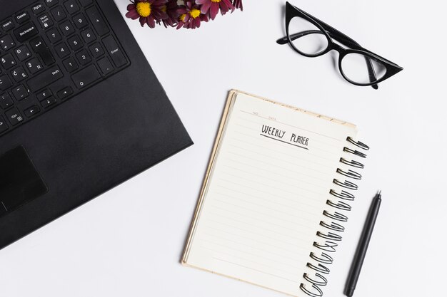 Desk workspace with various elements