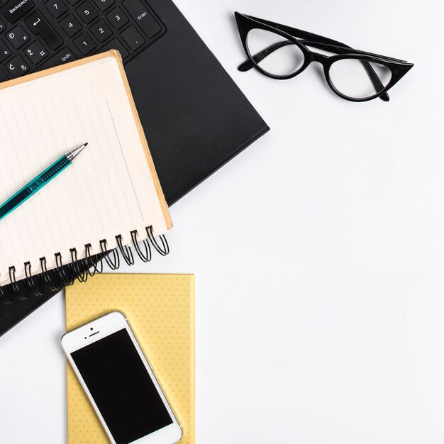 Desk workspace with various elements