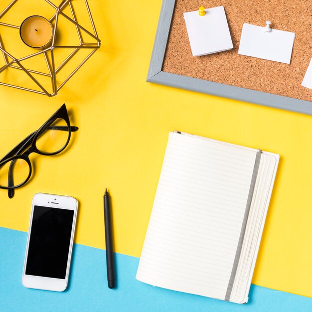 Desk workspace with various elements