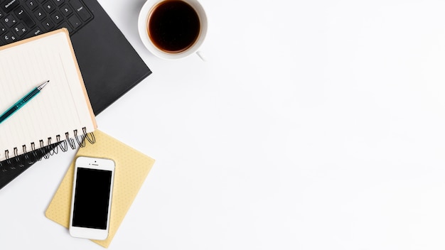 Desk workspace with various elements