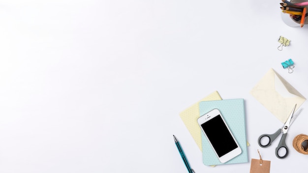 Desk workspace with various elements