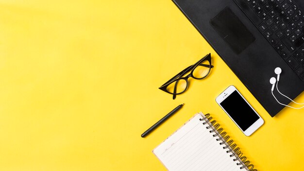 Desk workspace with various elements