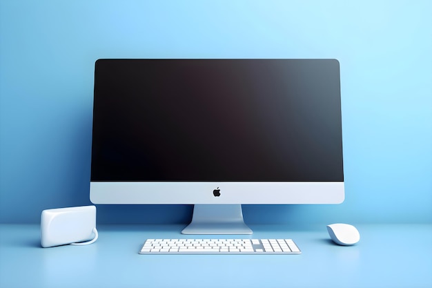 Free photo desktop computer with keyboard and mouse on blue background 3d rendering