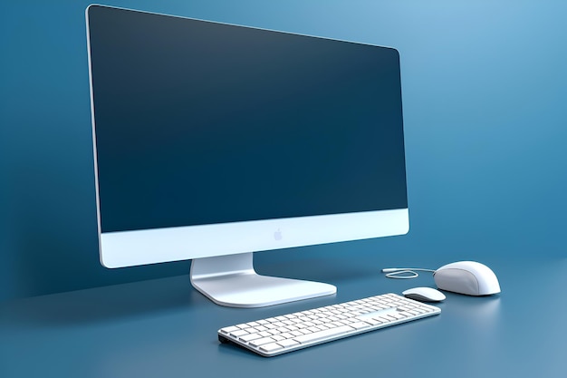 Free photo desktop computer with keyboard and mouse on blue background 3d rendering